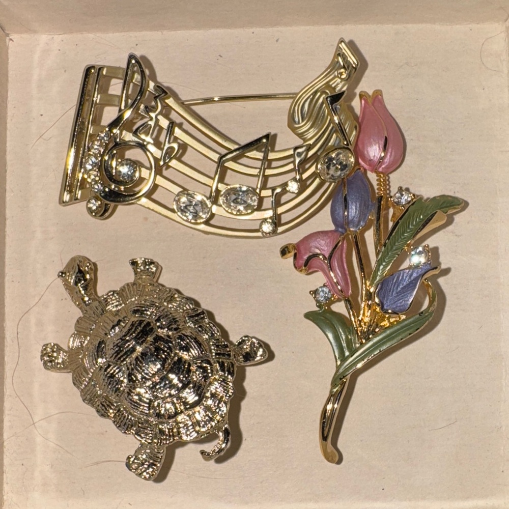 Elegant Gold, Silver and Multicolor Brooch Set